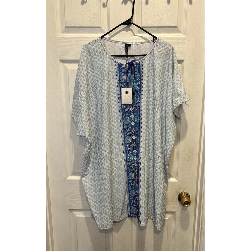 Aqua et Sol Womens UPF 50+ Kaftan Swim Cover‎ Up Blue White Floral Tassel Large